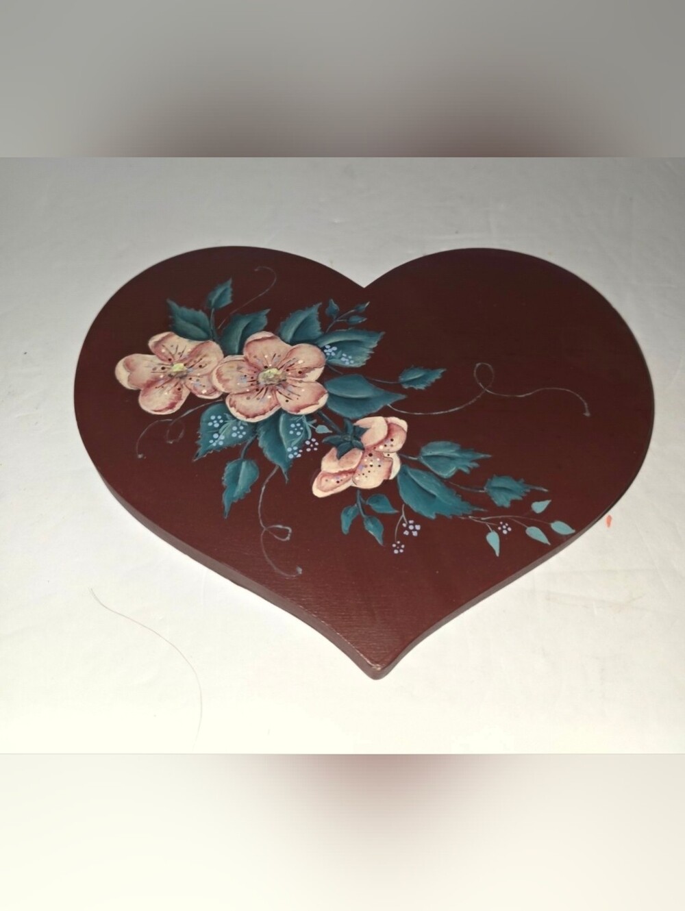 Hand-painted Wooden Heart Plaque Folk Srt Floral Design Cottage Core